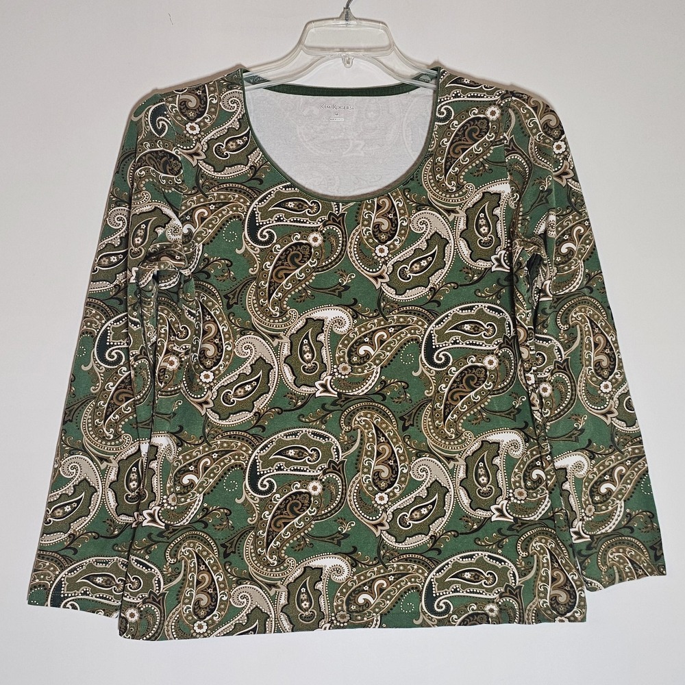 Kim Rogers Shirt Womens Medium Green Paisley Long Sleeve Stretch Pullover Top